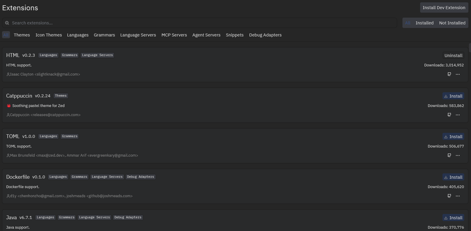 Zed의 확장 설치 화면