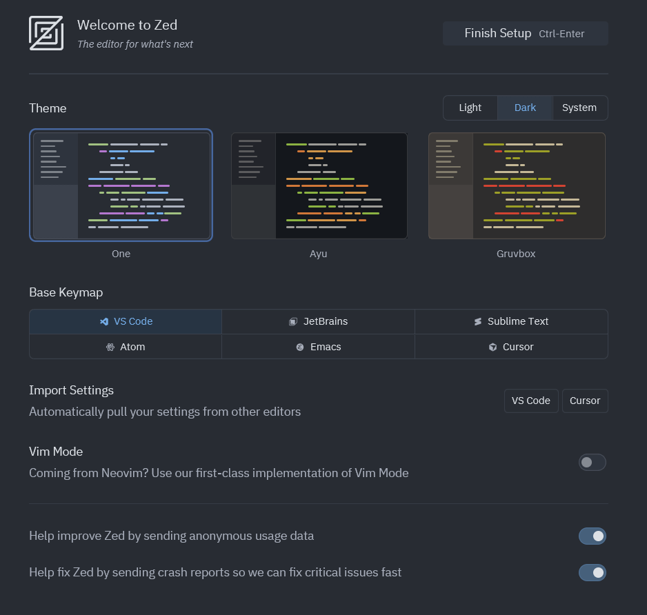 Zed 환영 화면의 커스터마이징 옵션