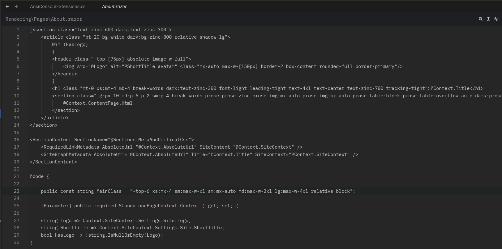 .razor 파일에 구문 강조가 없는 모습