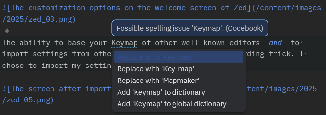 맞춤법 오류 표시와 제안 화면
