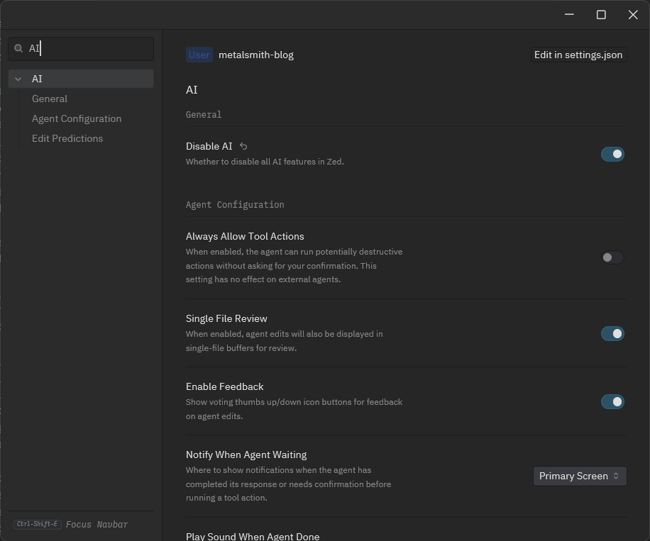 Zed에서 AI 기능 비활성화 옵션