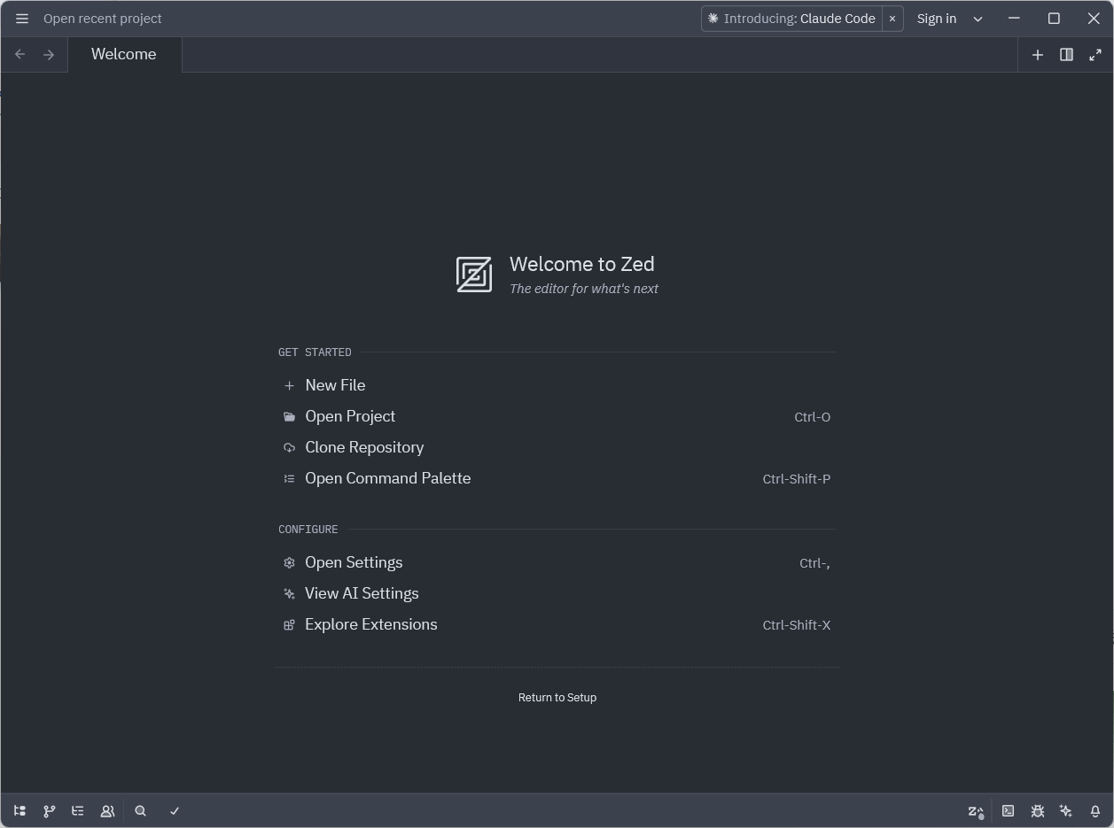 첫 설치 후 Zed 시작 화면