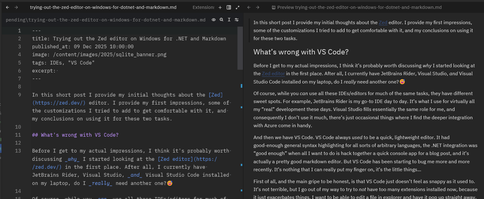 Zed에서 마크다운 편집 화면