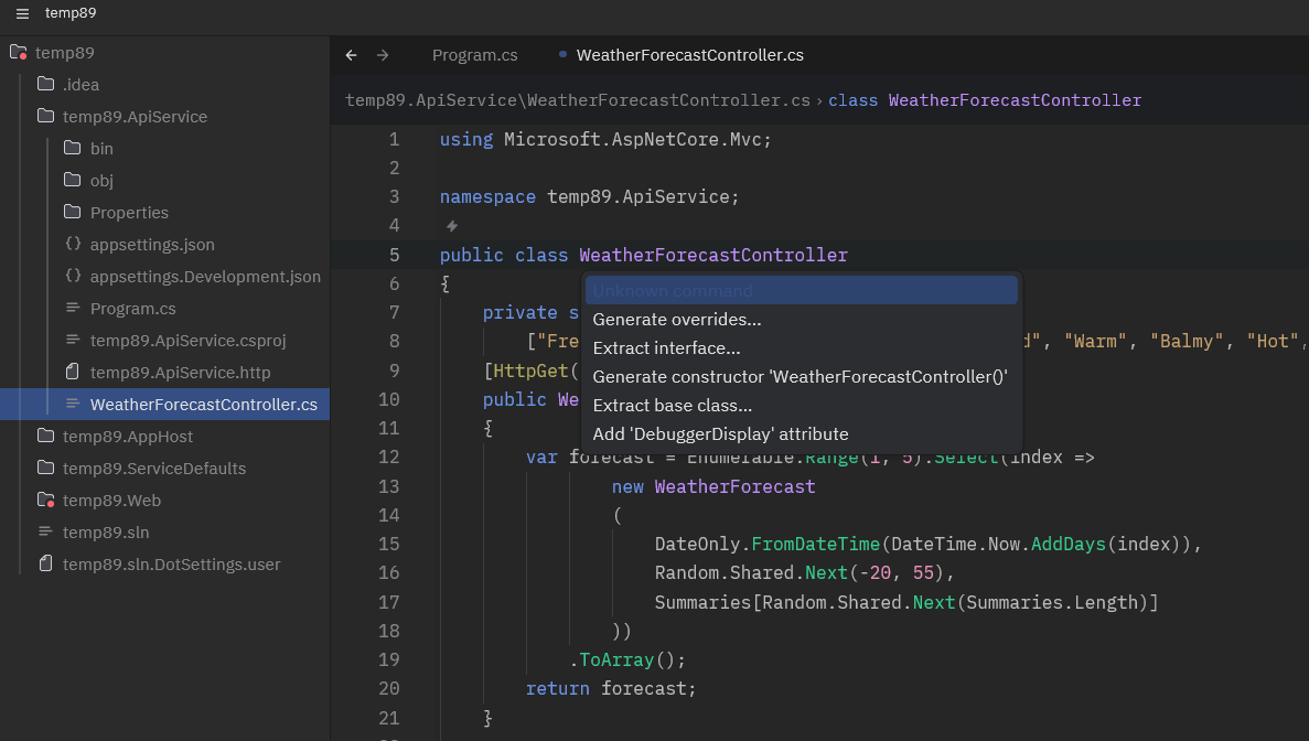 Zed에서 C# 파일과 리팩토링 팝업